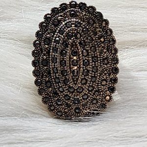 Vintage Black Rhinestone Silver Tone Cocktail Ring 6.75